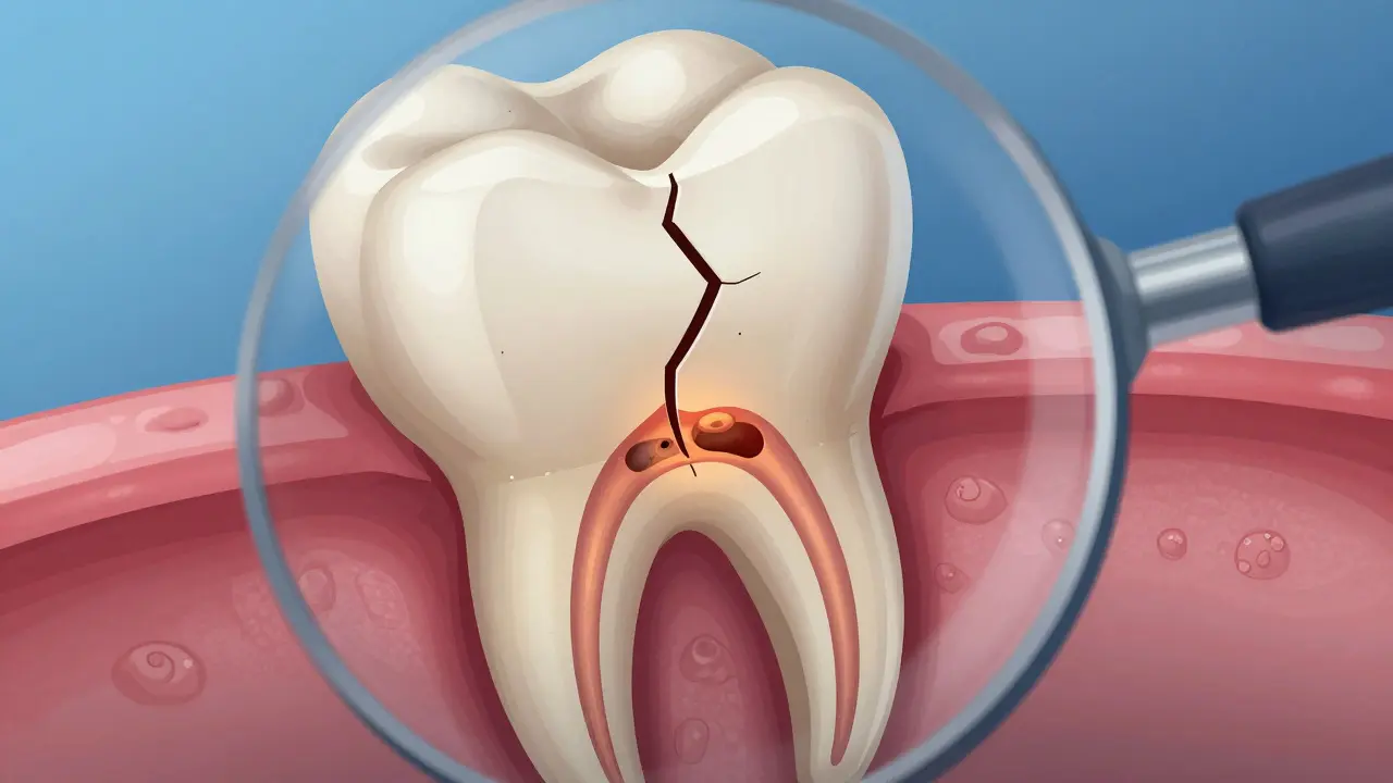 Zvětšený pohled na zub s prasklinou pronikající do důlku a bakteriemi.