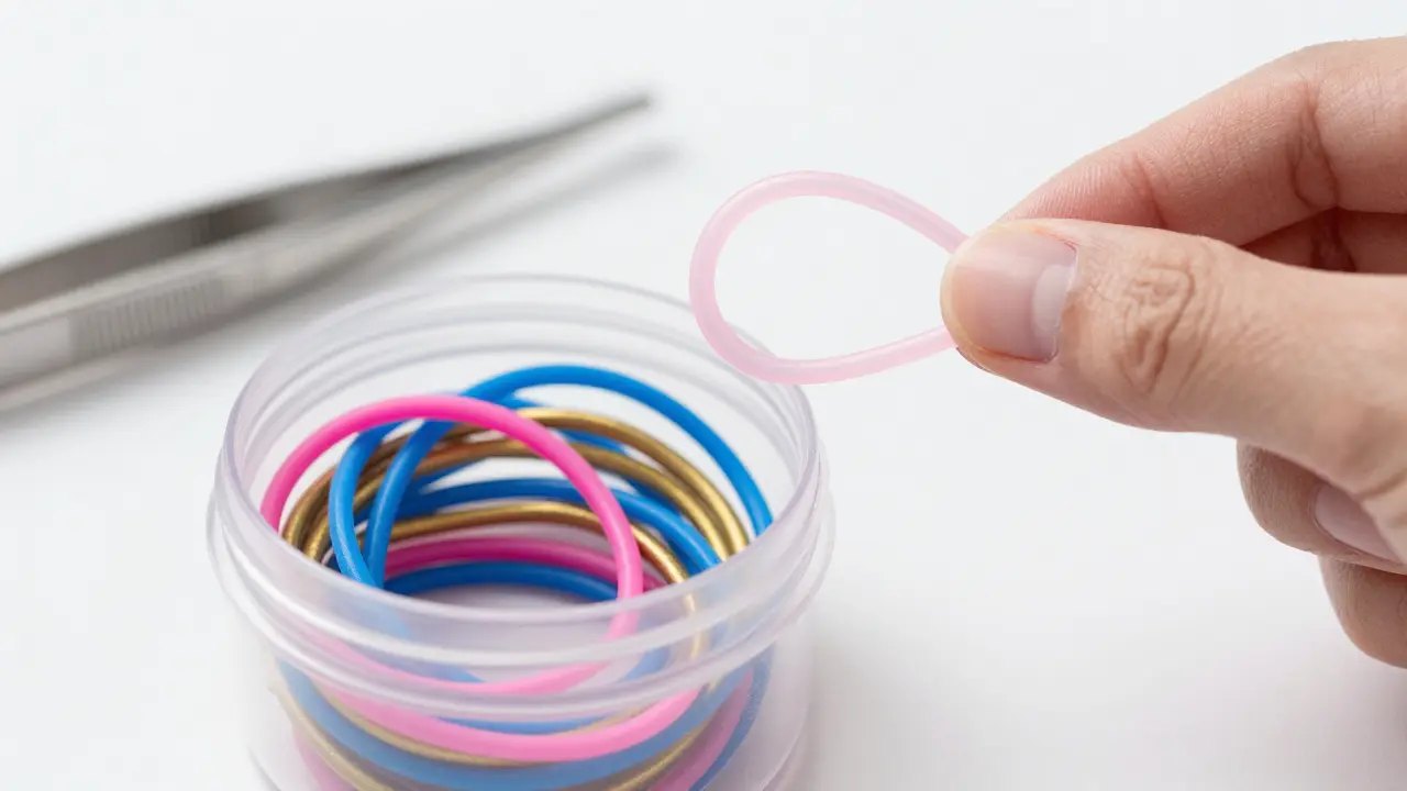 Barvité gumičky na rovnátka v kontejneru vedle pinzet.