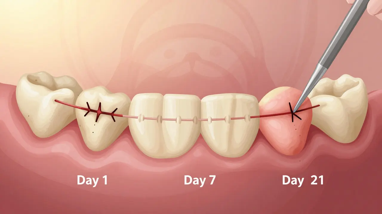 Časová řada hojení po rekonstrukci čelisti: stehy na dnech 1, 7 a 21, s postupným zmenšováním opuchliny.