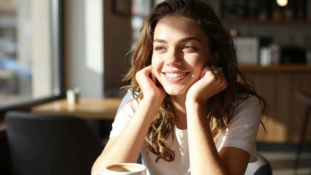 Česká mladá žena s přírodním úsměvem a průhlednými rovnátky v kavárně.