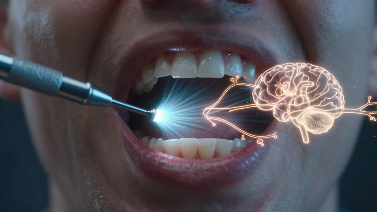 Conceptual visualization of ultrasonic dental cleaning connecting oral health to heart, brain, and circulatory system.