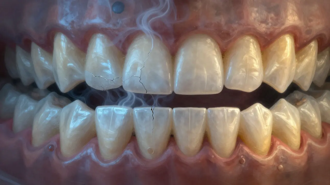 Dvě sady zubů: poškozené od bělicích pásek a zdravé s přirozenou obnovou