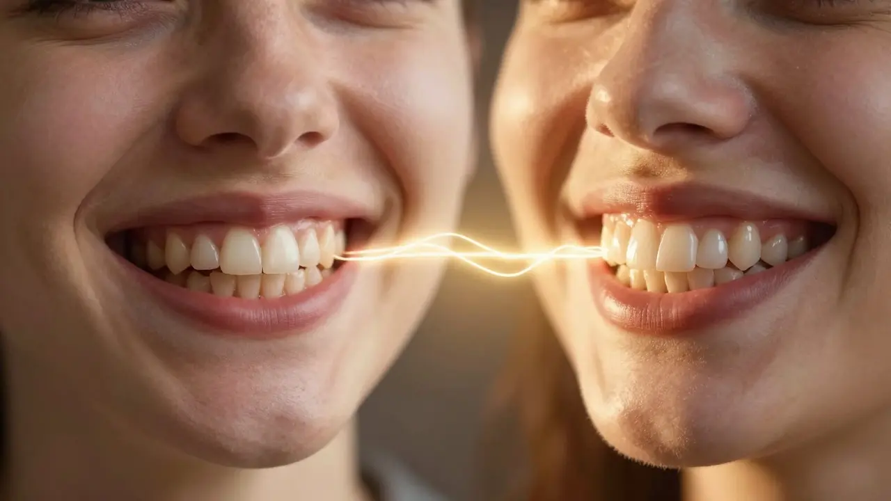 Dvě strany obličeje: špatně zarovnané vs. dokonale zarovnané zuby s jemnými drátky mezi nimi.