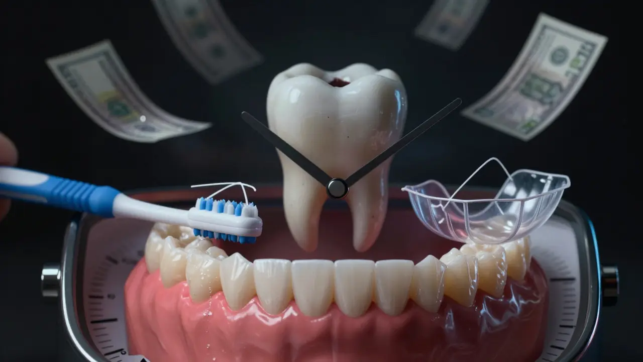 Hodiny s nástroji na ústní hygienu, které ukazují čas na veneerech, zatímco za nimi vyrůstá zničený zub.