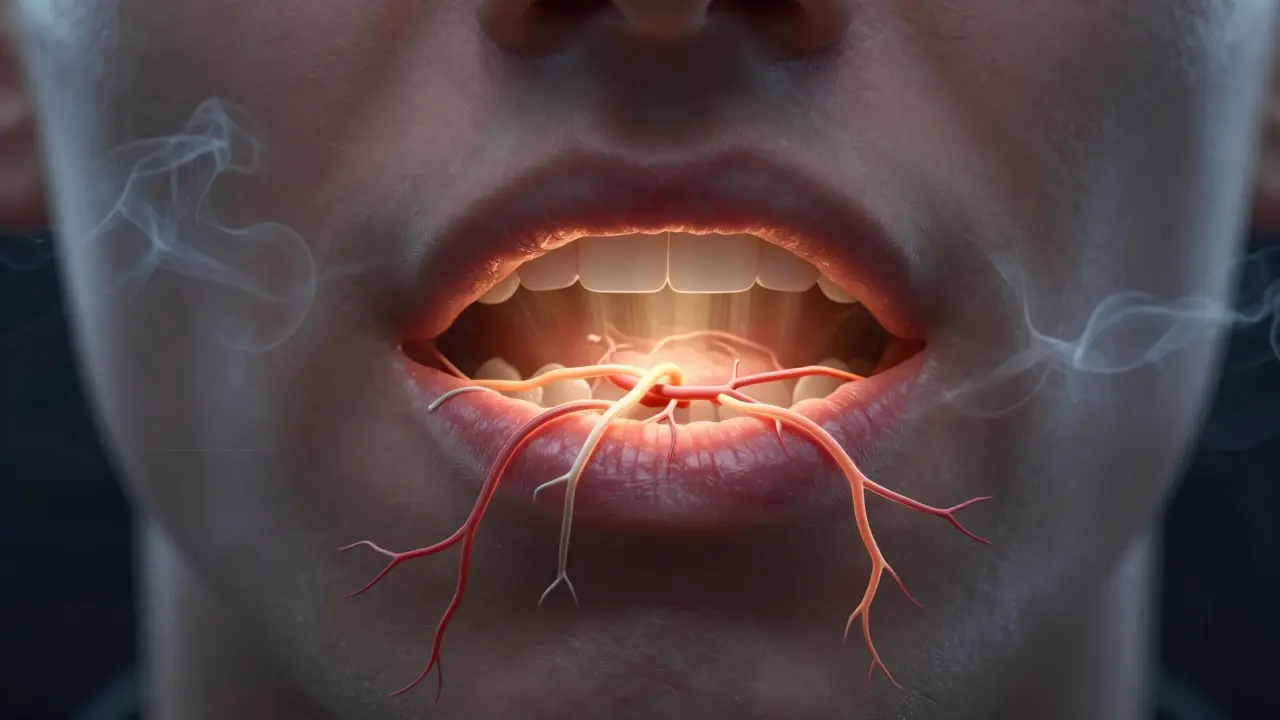 Koncepční obrázek hojení v ústech: světlo kolagenu a cév, zatímco škodlivé faktory jako kouření a stres zmizí.