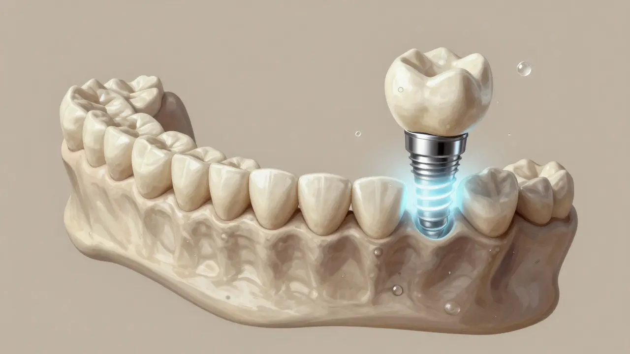 Kostní struktura čelisti s resorpcí po ztrátě zubu a implantací, symbolizující obnovu.