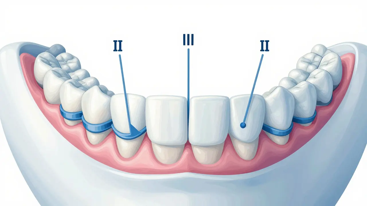 Křížový řez čelisti s ortodontickými gumičkami působícími na zuby.