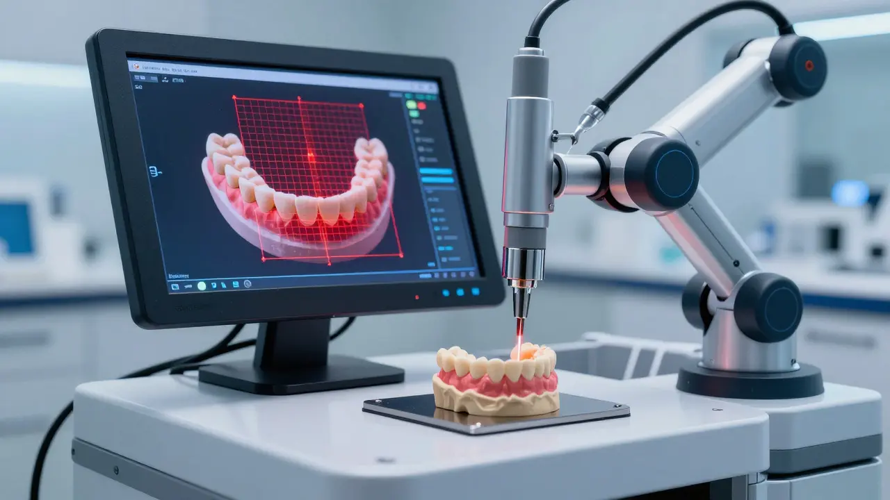 Laser system precisely grinding a dental bridge with digital micro-accuracy in a high-tech lab.