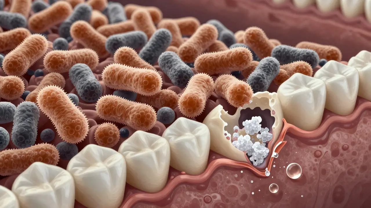 Mikroskopický pohled na bakteriální biofilm ničící zubní sklovinu pod vlivem kyselin.