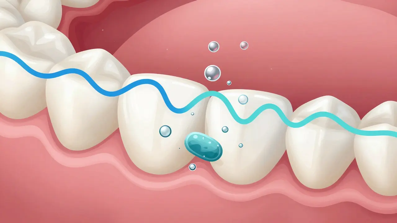Mikroskopický pohled na ultrazvukové vlny a bublinky odstraňující plak na zubech.
