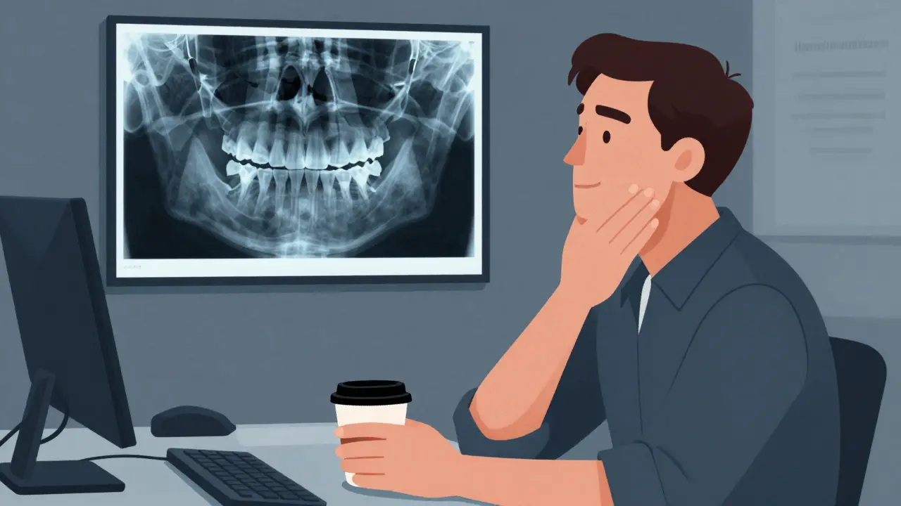 Muž se dotýká čelisti u pracovního stolu, na zdi jeho rentgenový před a po obraz.