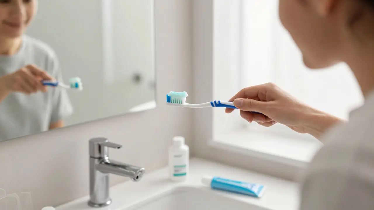 Osoba čistí zuby fluoridovou pastou s doplňky jako nit a gelem na kádince.