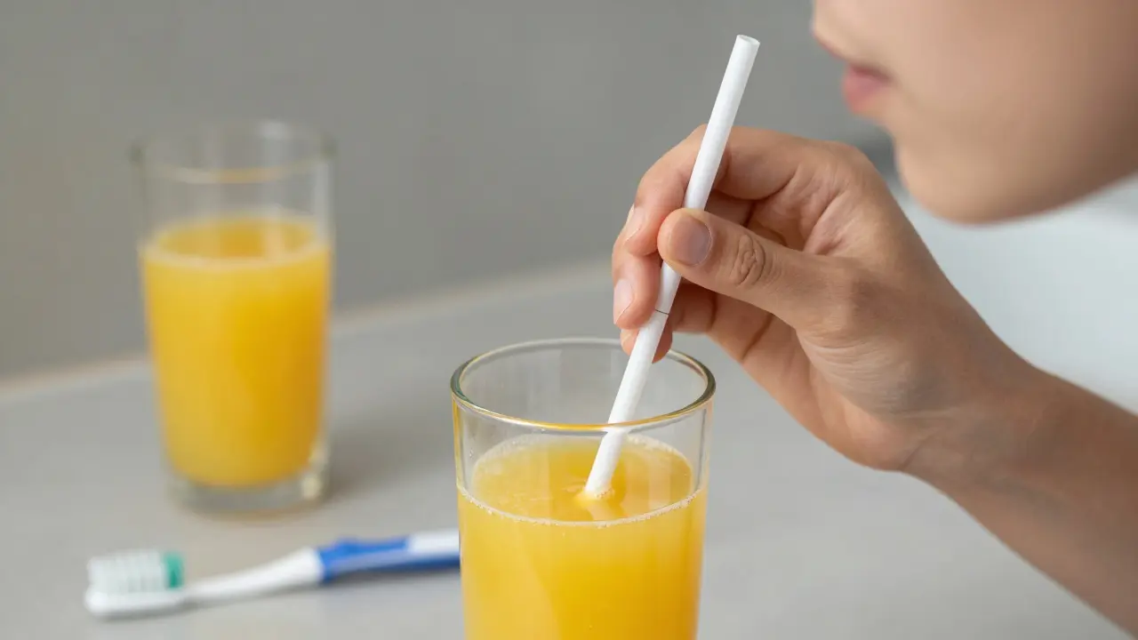 Osoba pije kyselý nápoj pomocí slámečky pro ochranu zubů