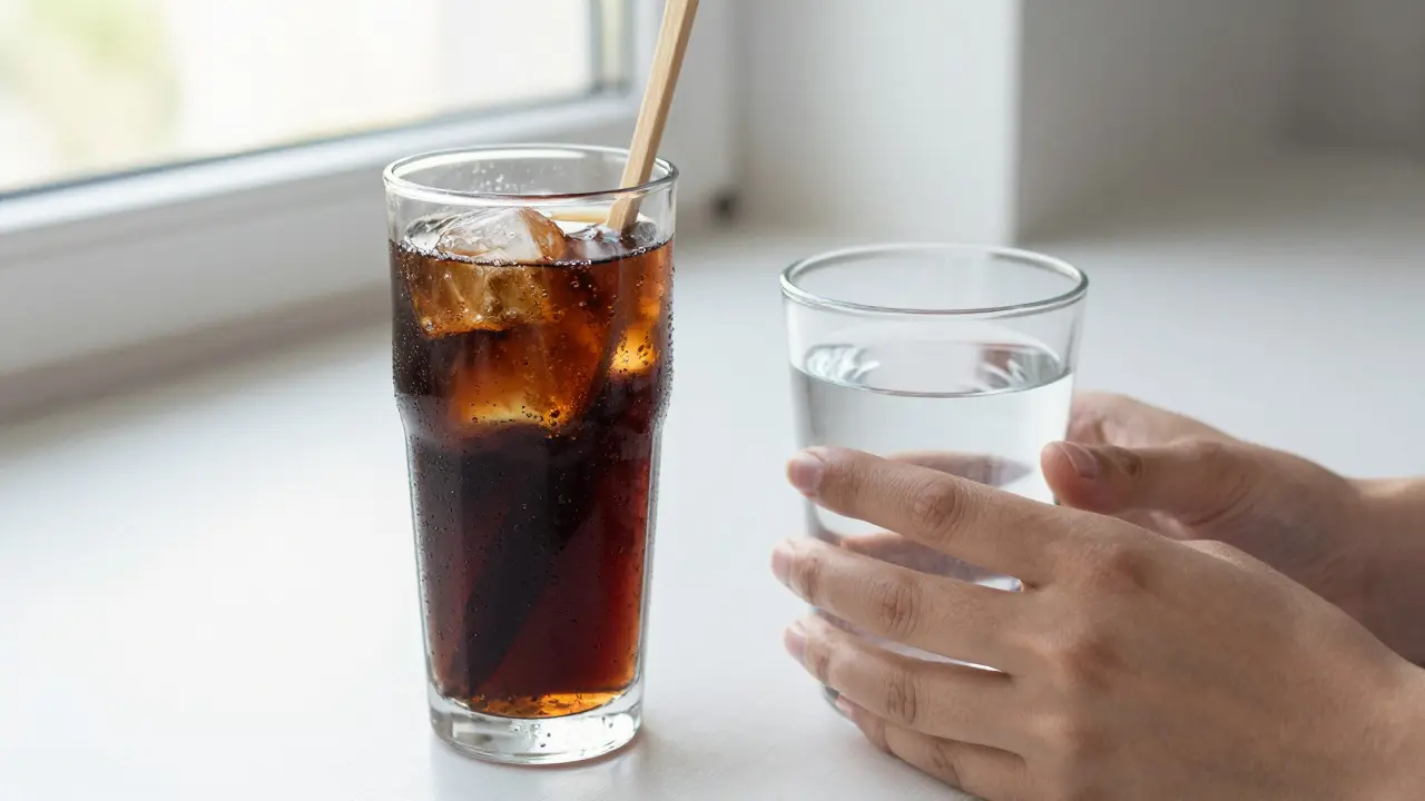 Osoba pije vodu po kyselém nápoji před čištěním zubů.