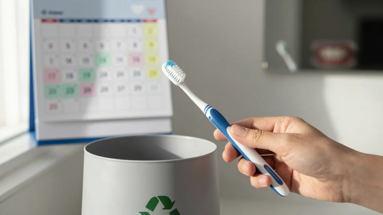 Osoba vkládá starý kartáček do recyklačního kontejneru s kalendářem s připomínkami