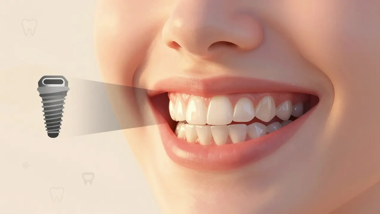 Porovnání křivých a rovných zubů: jedna strana s neviditelným implantátem, druhá s přirozeně rovnými zuby a průhlednými držáky.