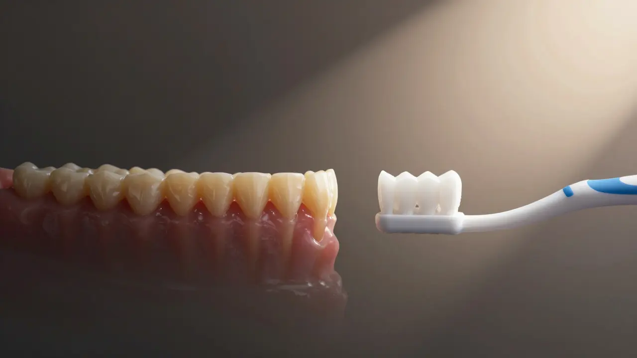 Porovnání tmavých a bílých zubů s mezizubním kartáčkem jako přechodem.