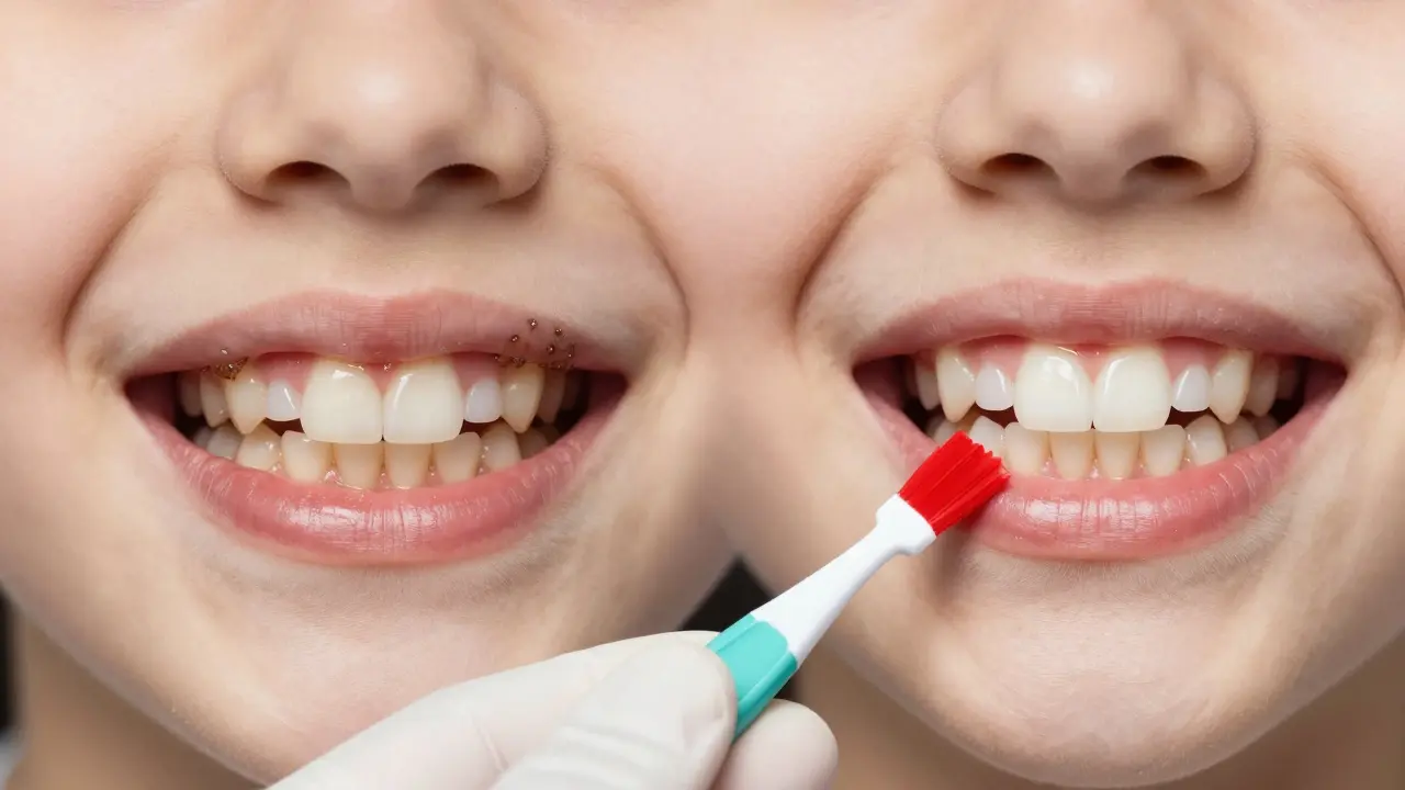 Porovnání zubů s zubním kamenem a bez něj, s aplikací fluoridového laku.