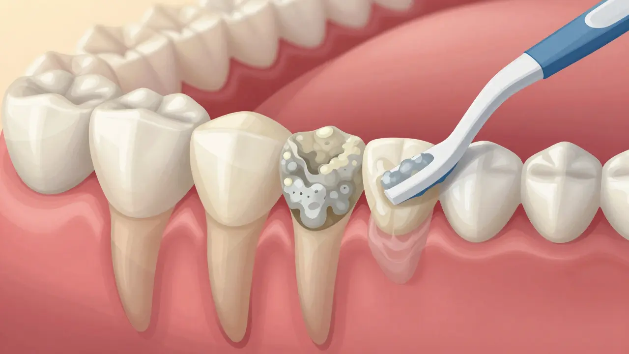 Přehled vývoje plaku na zubech a jeho odstranění mezizubním kartáčkem.