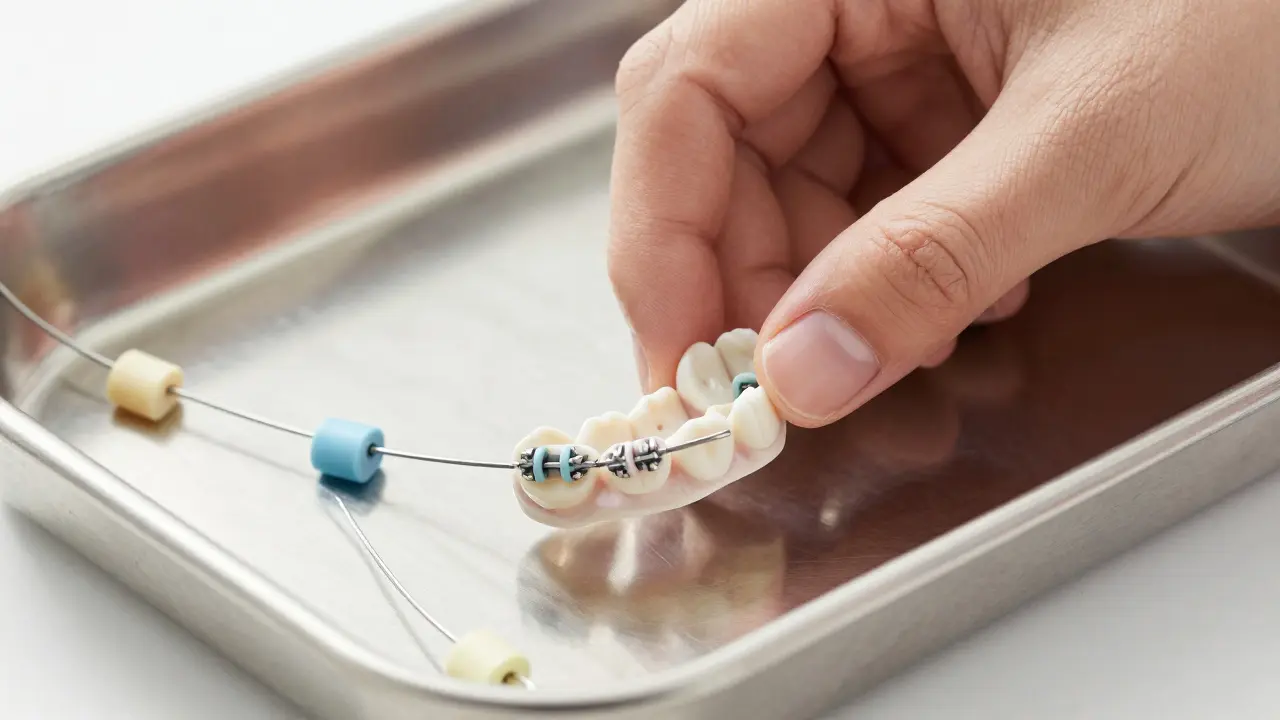 Přesný detail ortodontického zámku a drátku na zubě s jemnými pružinkami.