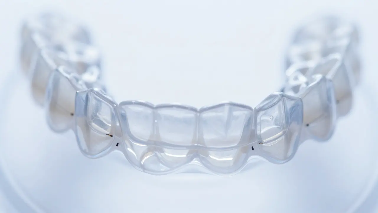 Průhledné snímací rovnátka na bílém pozadí, detail materiálu.