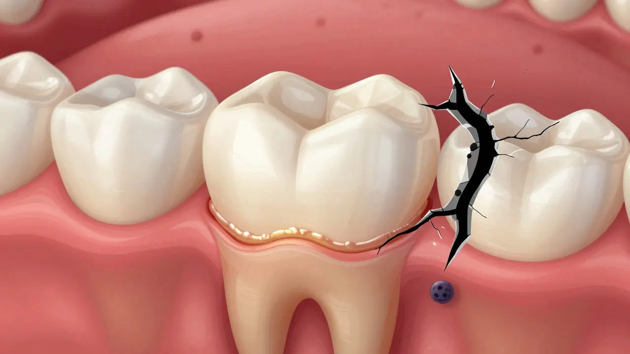 Řez zubem s veneerem, kde se na hranici hromadí plak a bakterie, zatímco zdravý zub je zachován pod ním.