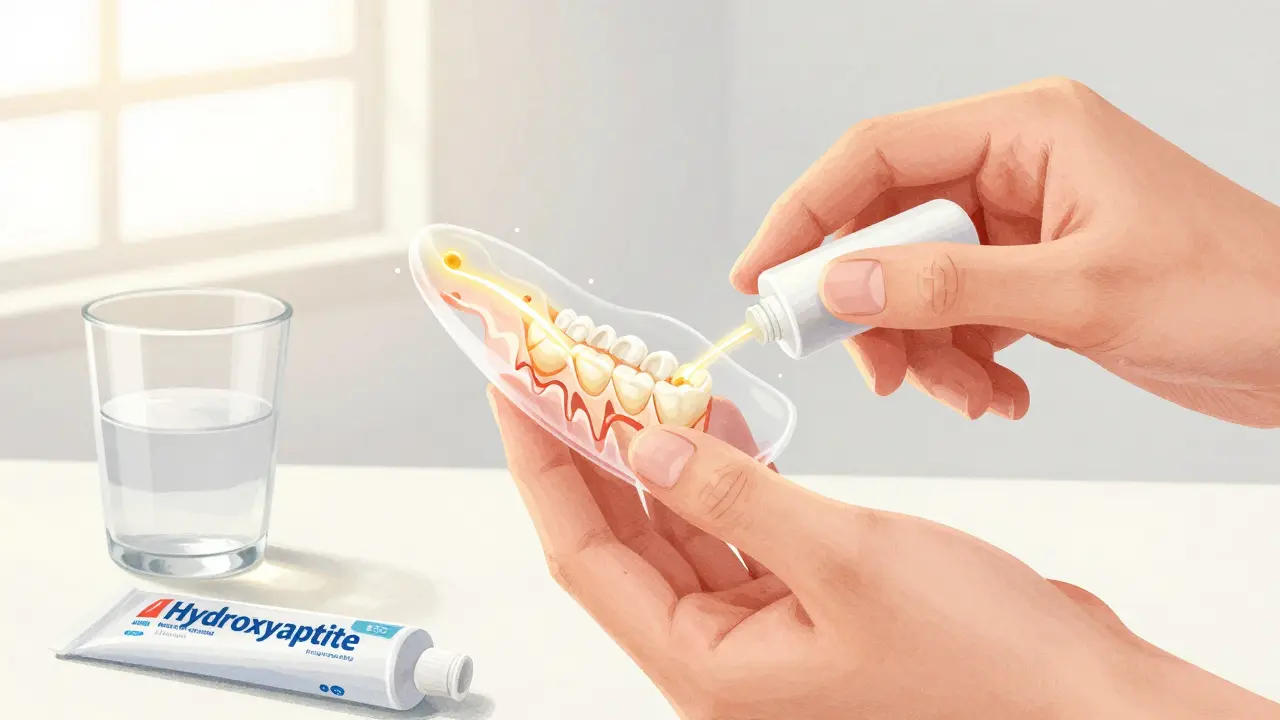 Ruka aplikuje fluoridový gél na zuby s představou minerálů vstupujících do emailu