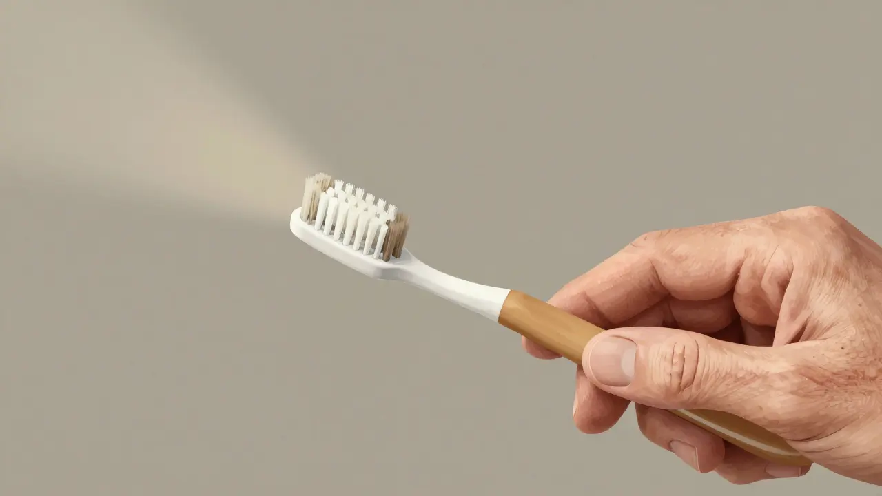 Stará ruka s měkkým kartáčkem a recedující dásně, kde jsou vidět kořeny zubů.