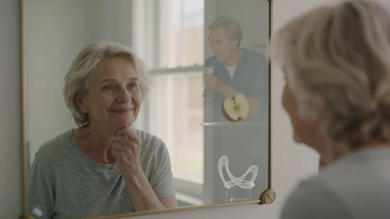 Starší žena se dívá do zrcadla a usmívá se, v odrazu se objevují tiché vzpomínky.