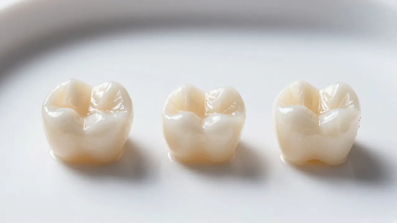 Tři typy oprav předního zubu: kompozitní výplň, keramická vložka a kůrka na bílém pozadí.