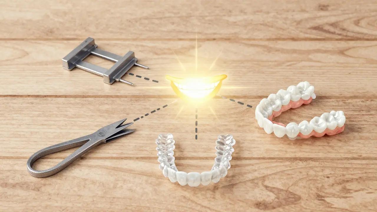 Tři zubní léčebné metody – kovová rovnátka, transparentní držáky a korunky – vedou k jednomu přirozenému úsměvu.