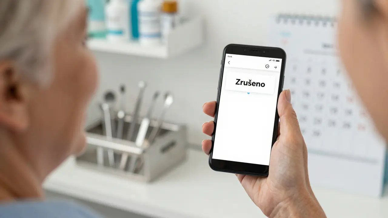 Žena potvrzuje zrušení registrace u zubaře prostřednictvím mobilní aplikace.