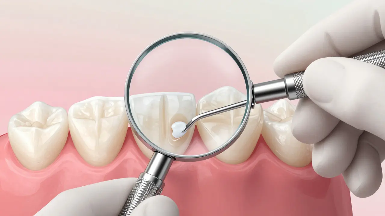 Zvětšený detail opravy předního zubu kompozitní výplní, zubní lékař při práci.