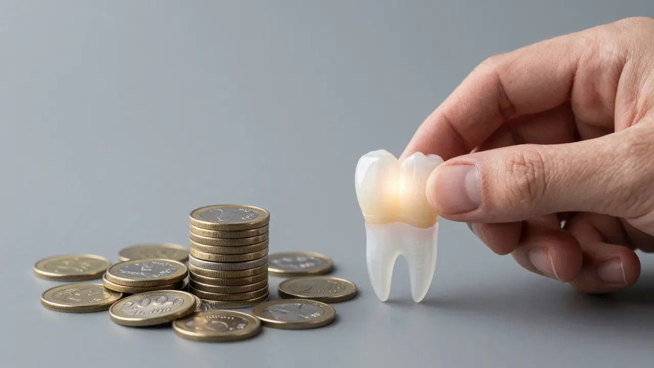 A composite veneer beside stacked Czech crowns representing price range from 2,000 to 15,000 Kč.