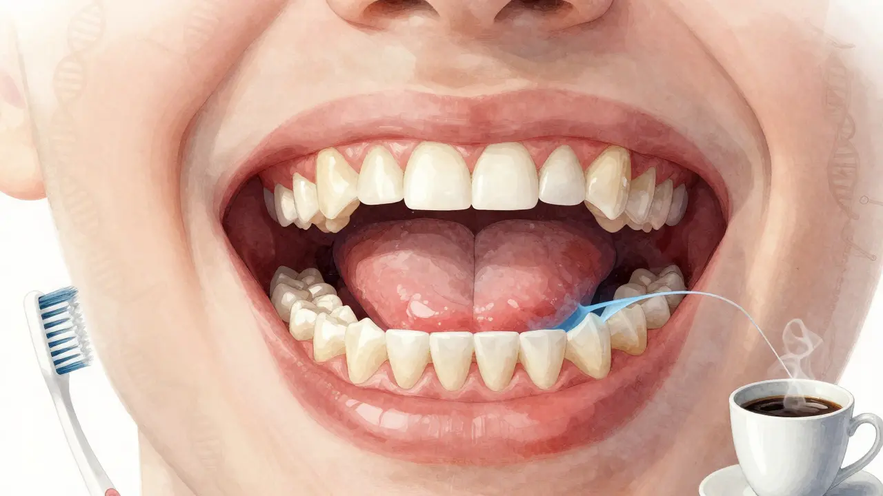 Anatomical illustration showing tongue pressure pushing teeth apart, causing a diastema.