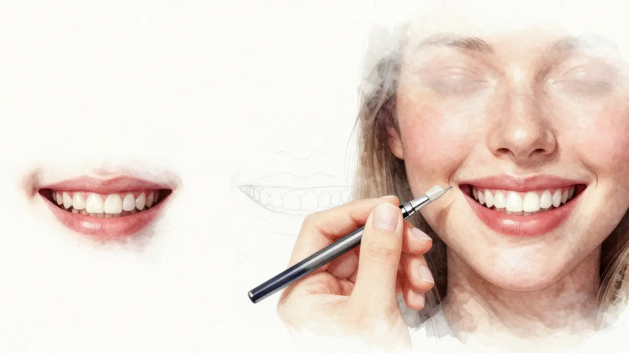 Before-and-after transformation of a smile, showing stained teeth evolving into a natural, radiant smile.