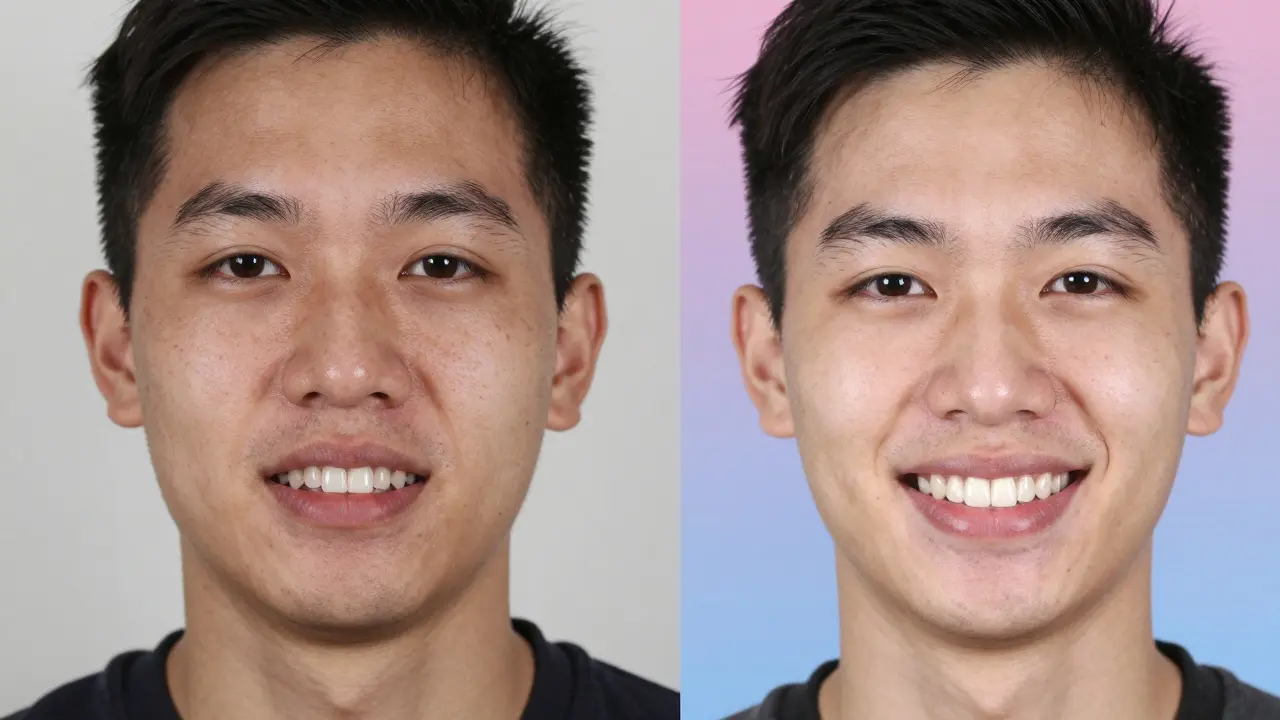 Before and after view of a patient's face showing facial restoration through dental reconstruction.