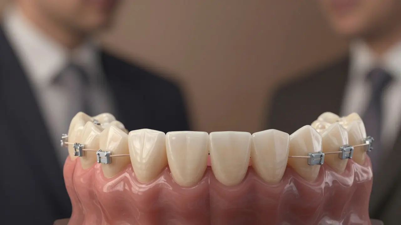 Ceramic braces nearly blending with natural teeth for discreet orthodontic treatment.
