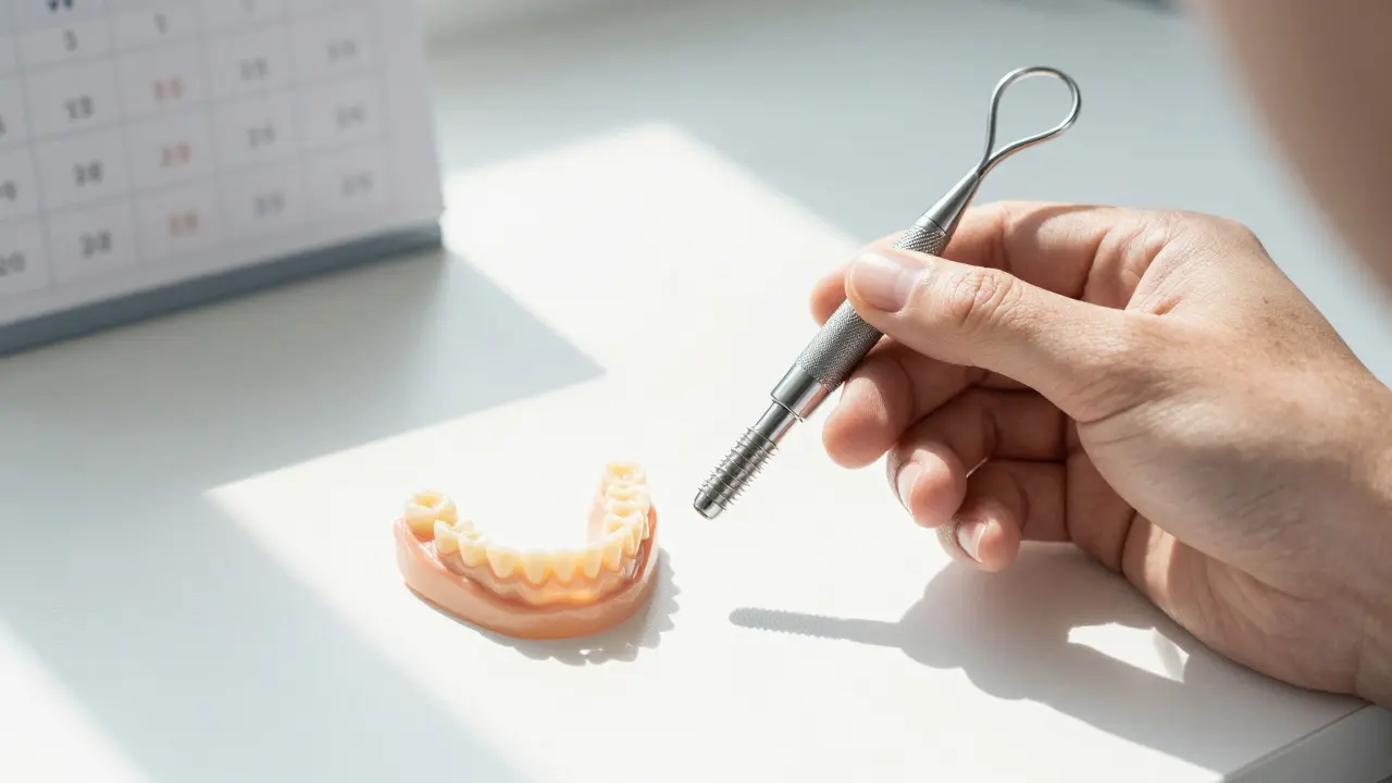 Close-up of dental implant tools, crown, and temporary denture on a clean surface with natural light.