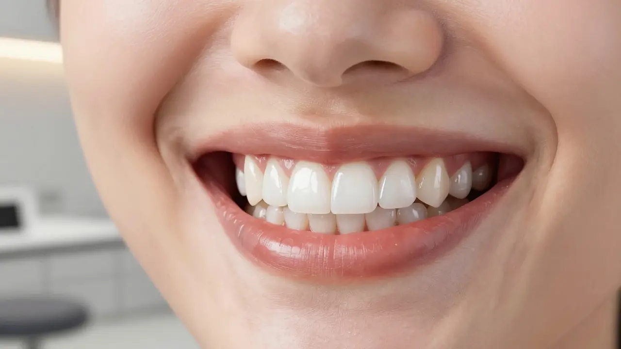 Člověk se široce směje s přirozeně vypadajícími zirkoniovými korunkami.