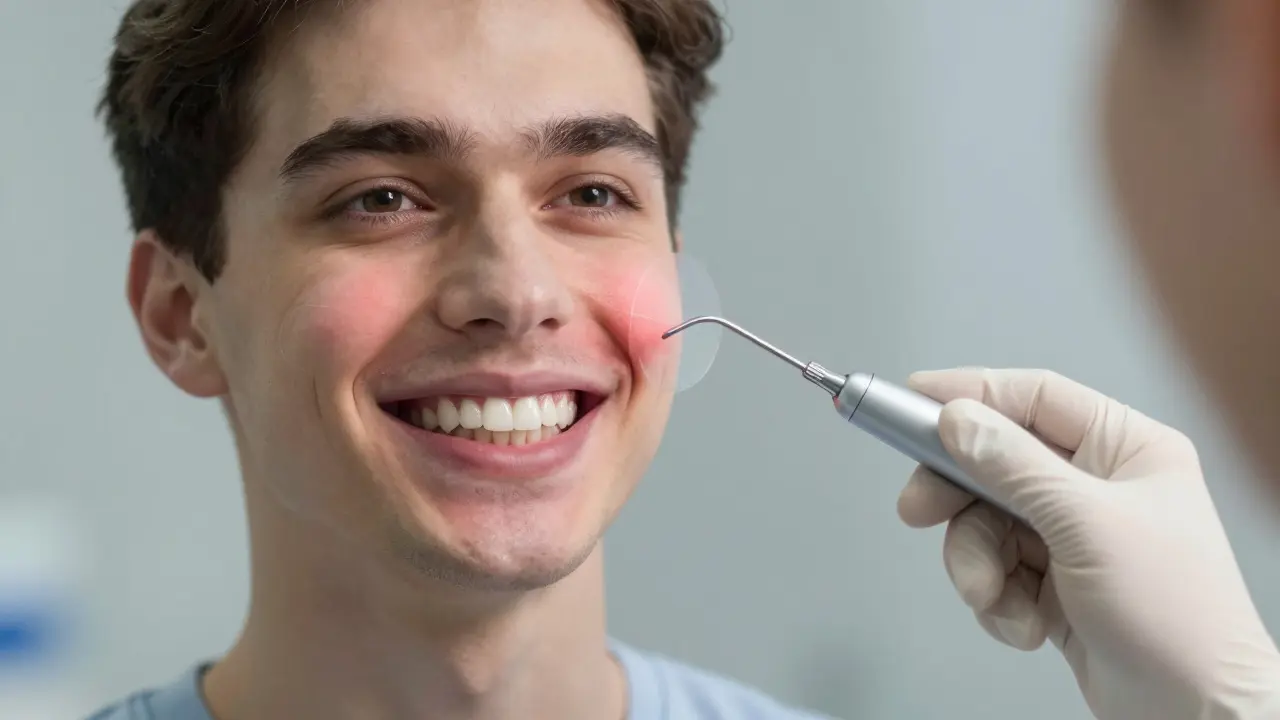 Člověk se směje do zrcadla, s přehledem skrytého zubního kamene pod dásní.