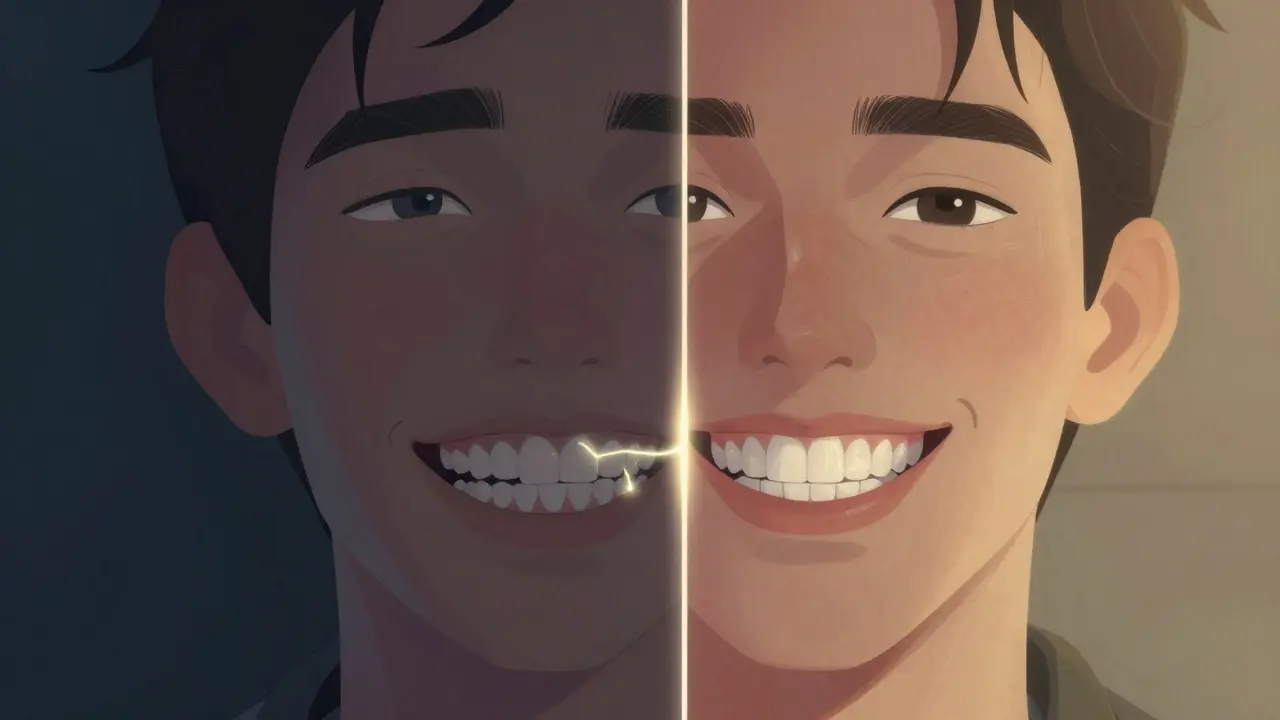 Dvě strany obličeje: jedna s křivými zuby, druhá s přímými, symbolizující transformaci.