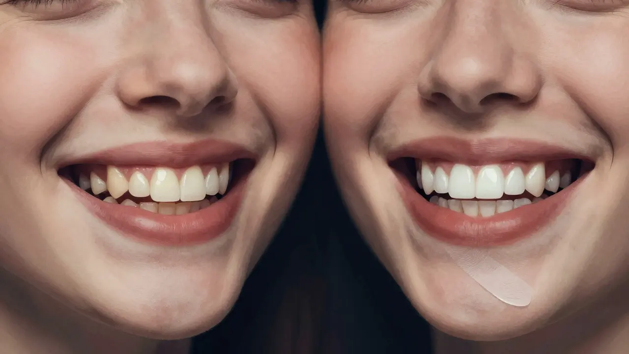 Dvě úsměvy vedle sebe: jeden s přirozenou barvou a plombou, druhý s nerovnoměrně bělými zuby.