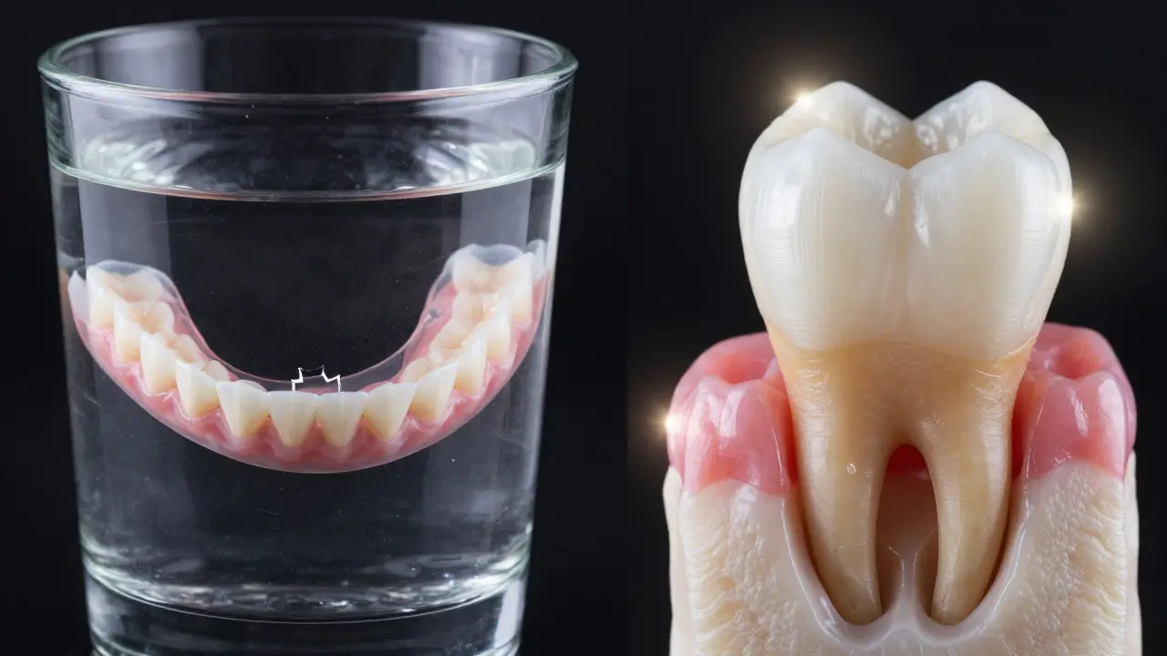 Dvojí obraz: poškozená protéza v roztoku vs. pevná zirkoniová korunka v kosti.