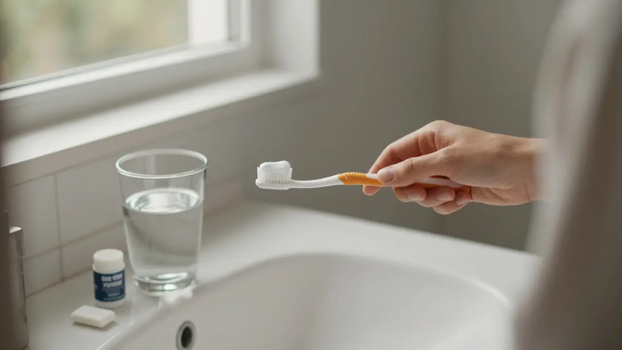 Jednoduchá denní péče o zuby: pastu, vodu a žvýkačku bez cukru.