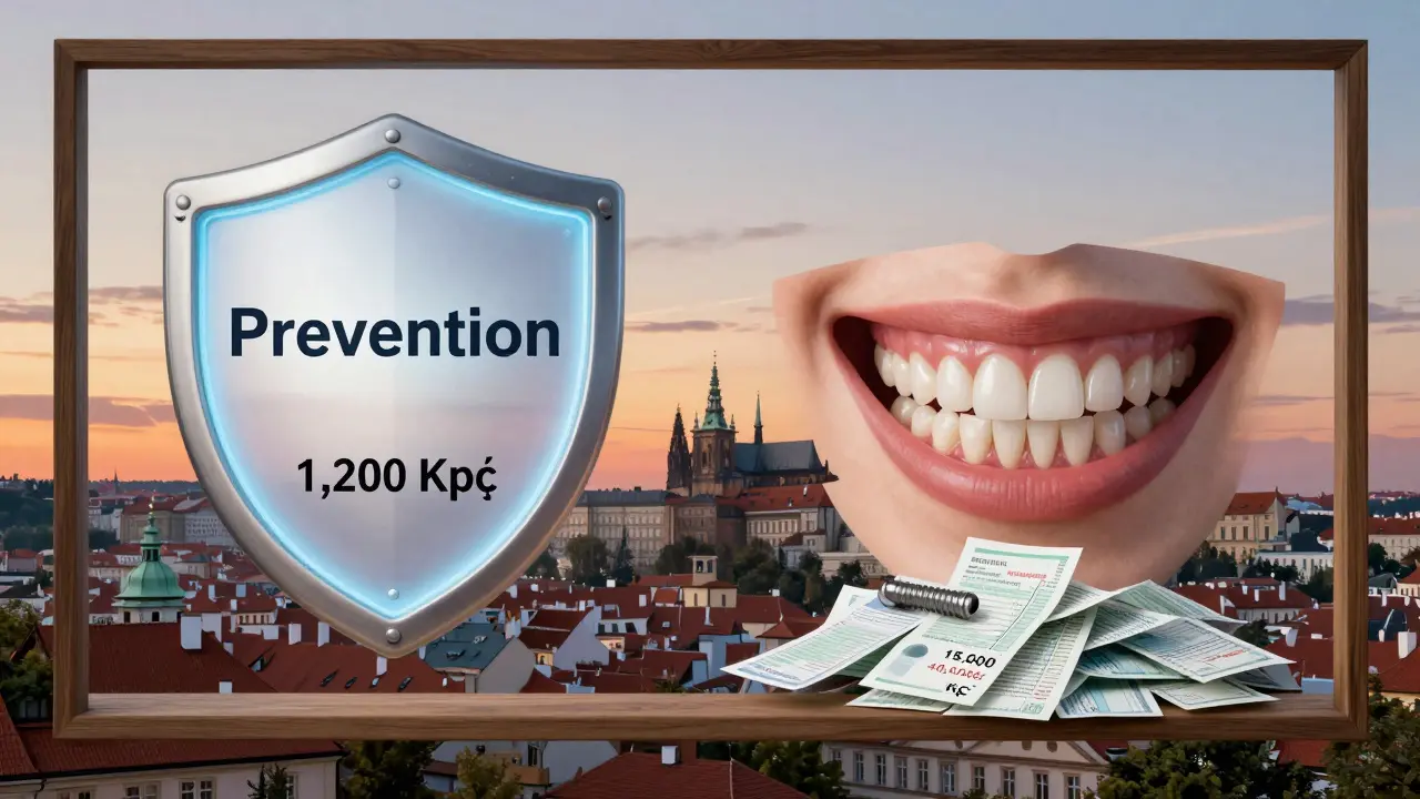 Konceptuální obraz zdravého úsměvu proti následkům zanedbávání ústní hygieny s náklady na náhradu zubů.