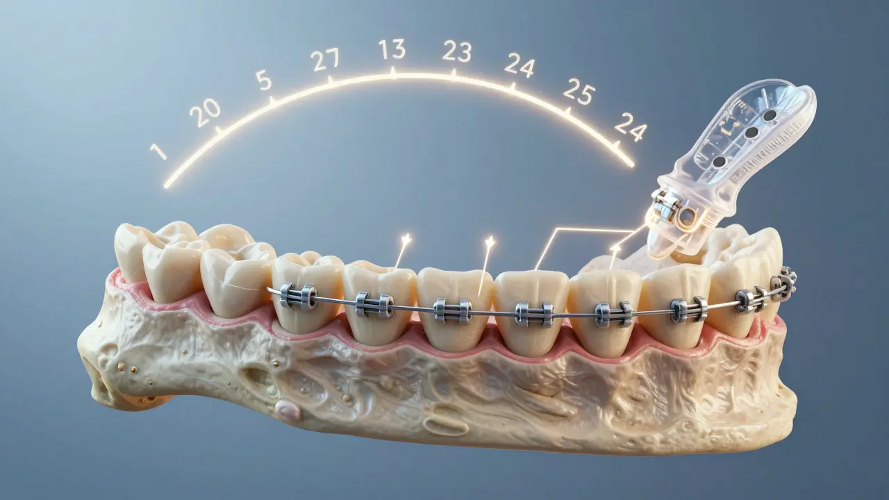 Křížový řez čelisti s fazetami přitahujícími zuby do správné polohy, s retentorem na konci časové osy.