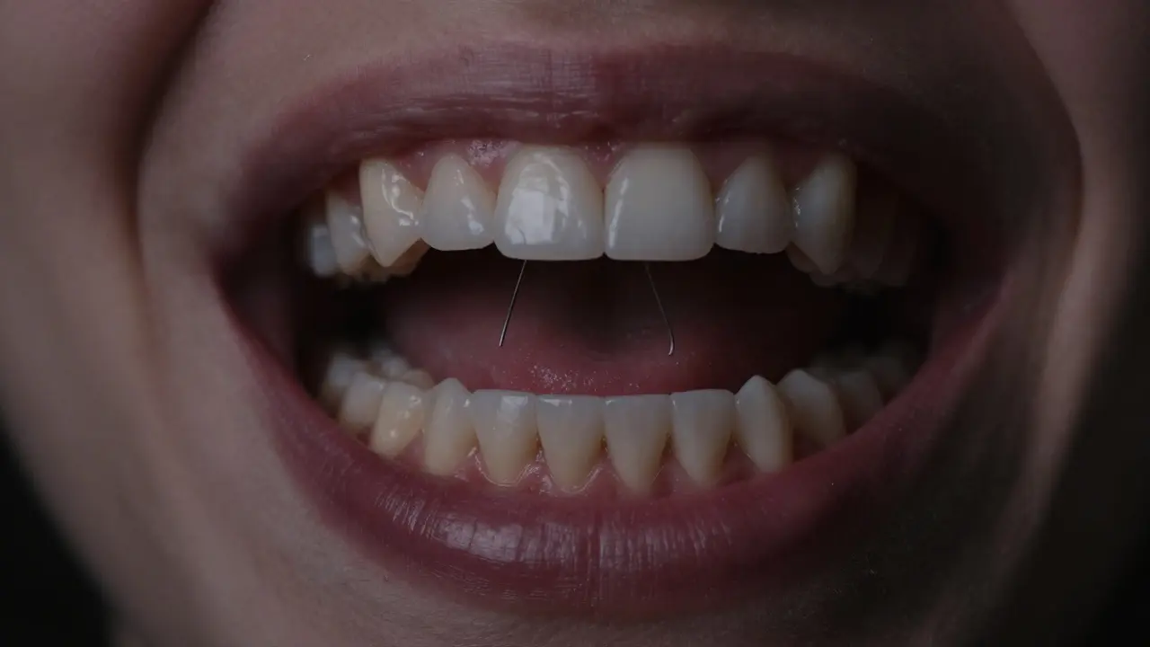 Lingual braces hidden on the inner side of teeth, invisible from outside.