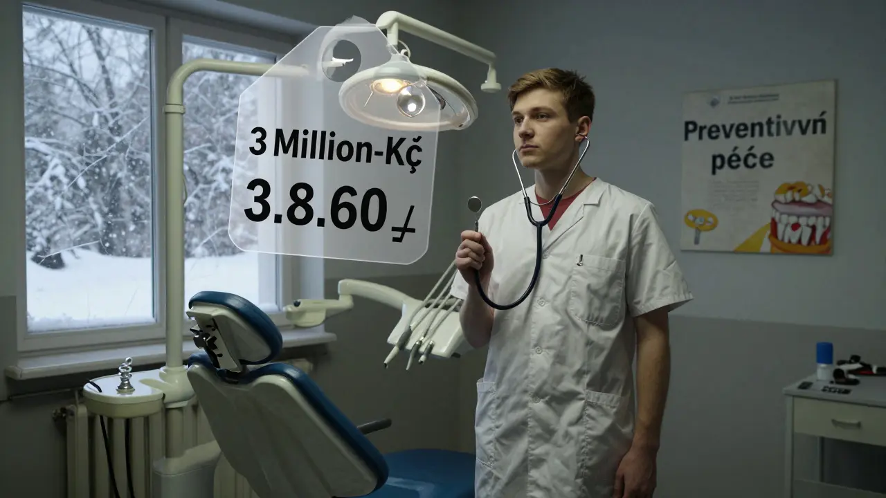 Mladý stomatolog v opuštěné venkovské ordinaci s dluhovou známkou nad zubním křeslem.