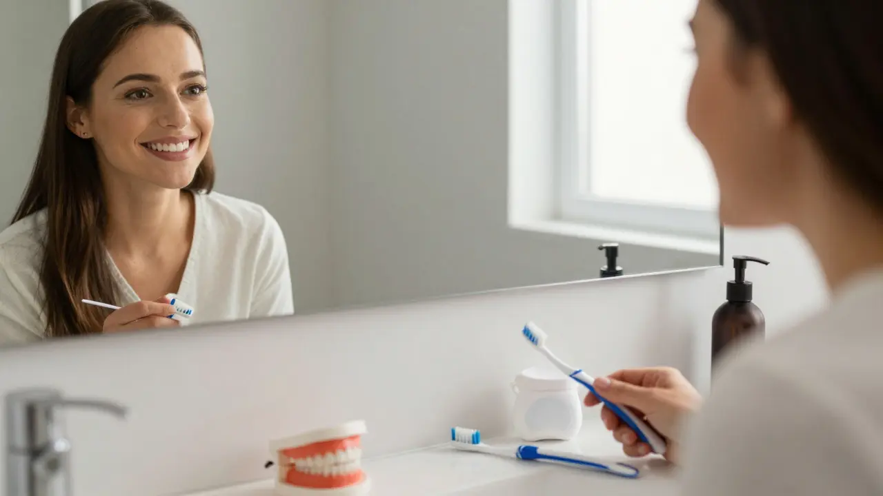 Osoba se usmívá do zrcadla s dokonalými veneers a noční ochrannou plackou na stole.